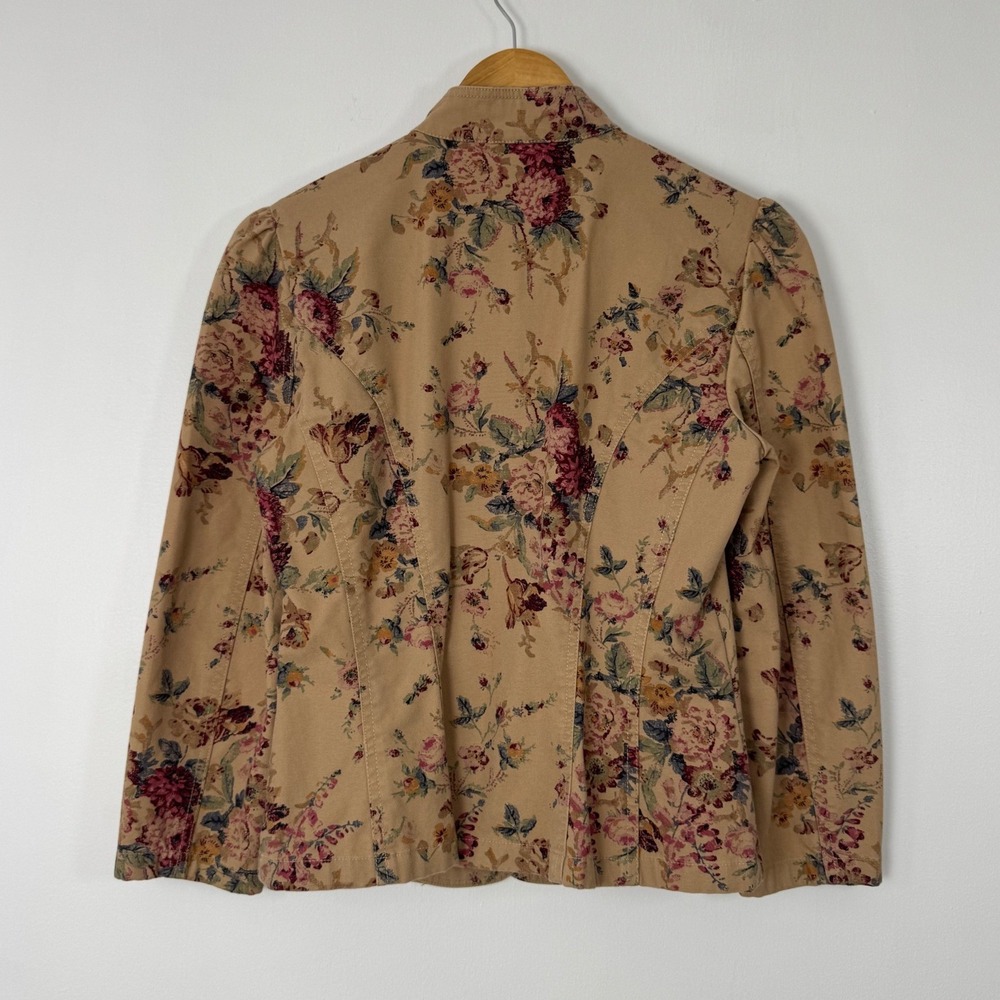 Cottagecore Chaps Denim Womens Sm Jacket Tan Floral Puff Sleeve Mandarin Collar - Picture 2 of 8